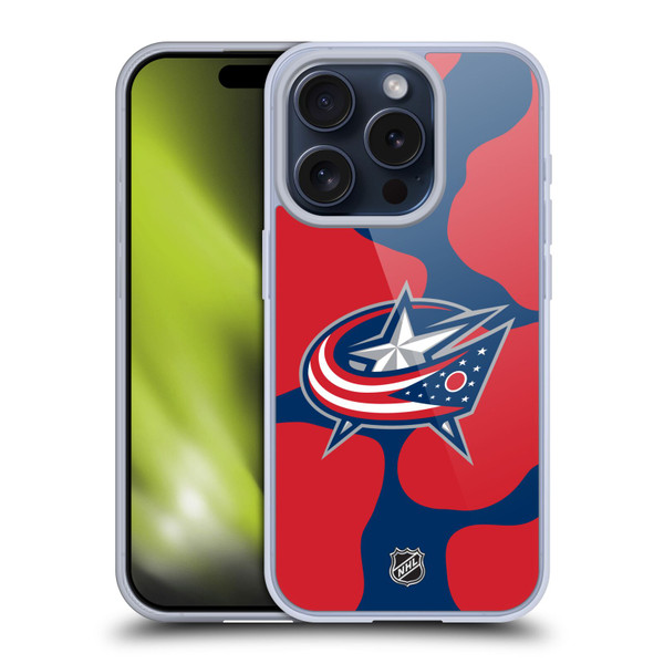 NHL Columbus Blue Jackets Cow Pattern Soft Gel Case for Apple iPhone 15 Pro