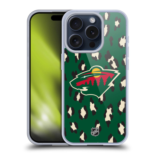 NHL Minnesota Wild Leopard Pattern Soft Gel Case for Apple iPhone 15 Pro
