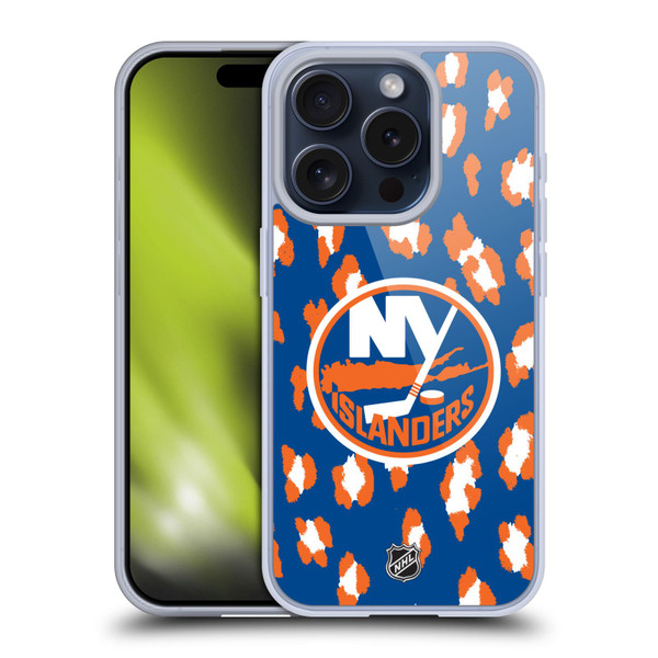 NHL New York Islanders Leopard Pattern Soft Gel Case for Apple iPhone 15 Pro