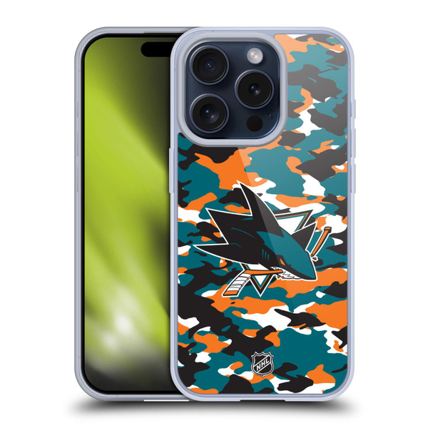 NHL San Jose Sharks Camouflage Soft Gel Case for Apple iPhone 15 Pro