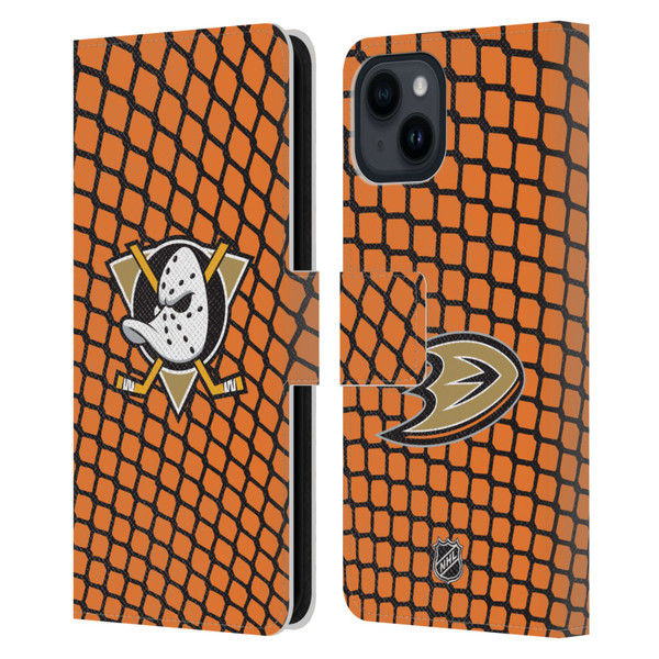 NHL Anaheim Ducks Net Pattern Leather Book Wallet Case Cover For Apple iPhone 15