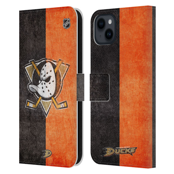 NHL Anaheim Ducks Half Distressed Leather Book Wallet Case Cover For Apple iPhone 15 Plus