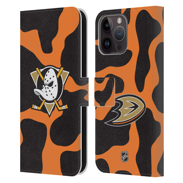 NHL Anaheim Ducks Cow Pattern Leather Book Wallet Case Cover For Apple iPhone 15 Pro Max
