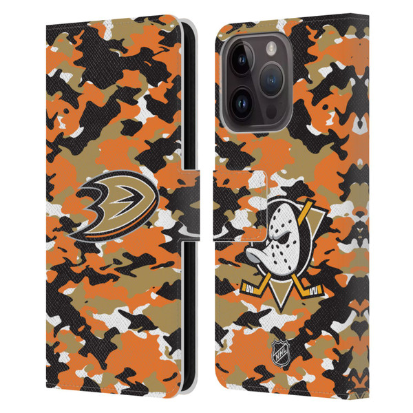 NHL Anaheim Ducks Camouflage Leather Book Wallet Case Cover For Apple iPhone 15 Pro