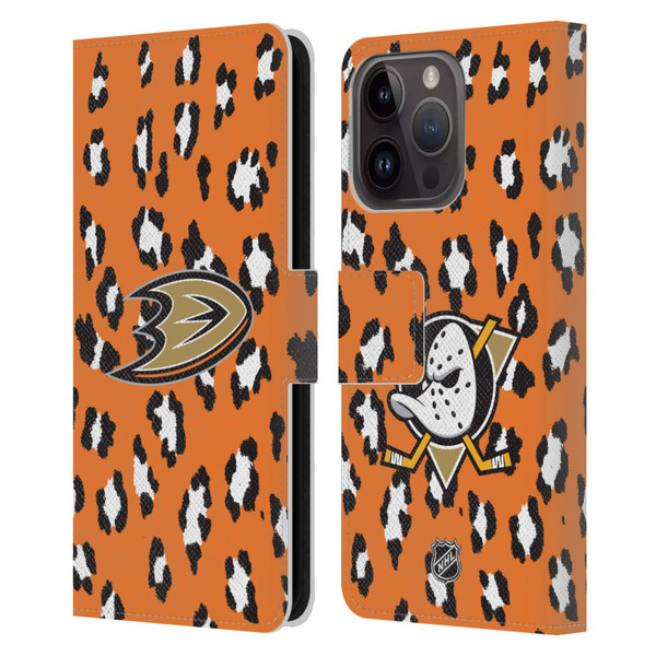 NHL Anaheim Ducks Leopard Patten Leather Book Wallet Case Cover For Apple iPhone 15 Pro