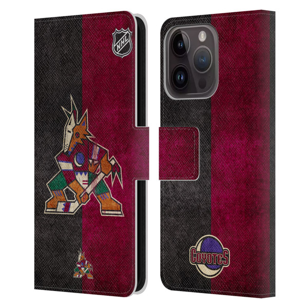 NHL Arizona Coyotes Half Distressed Leather Book Wallet Case Cover For Apple iPhone 15 Pro