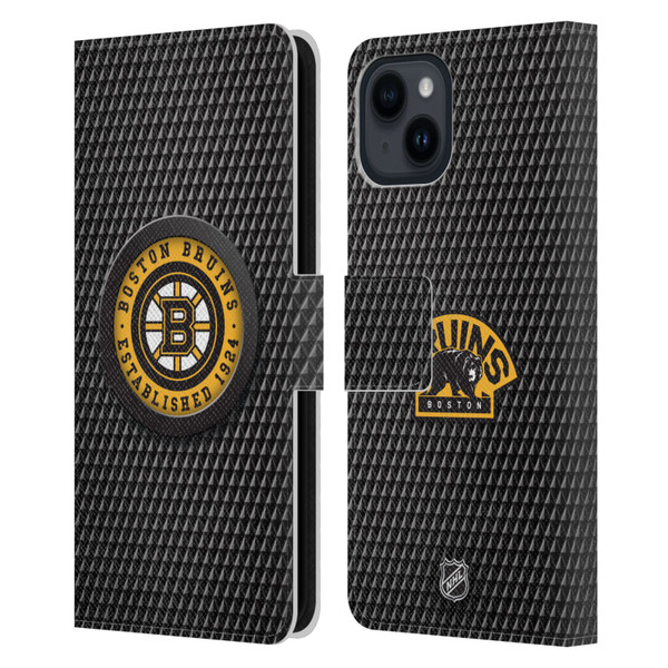 NHL Boston Bruins Puck Texture Leather Book Wallet Case Cover For Apple iPhone 15