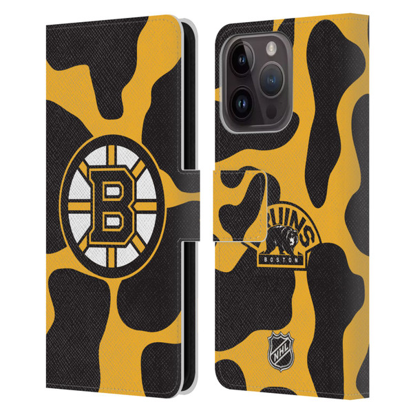 NHL Boston Bruins Cow Pattern Leather Book Wallet Case Cover For Apple iPhone 15 Pro