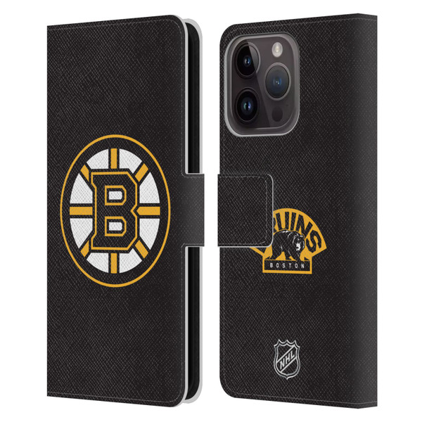 NHL Boston Bruins Plain Leather Book Wallet Case Cover For Apple iPhone 15 Pro