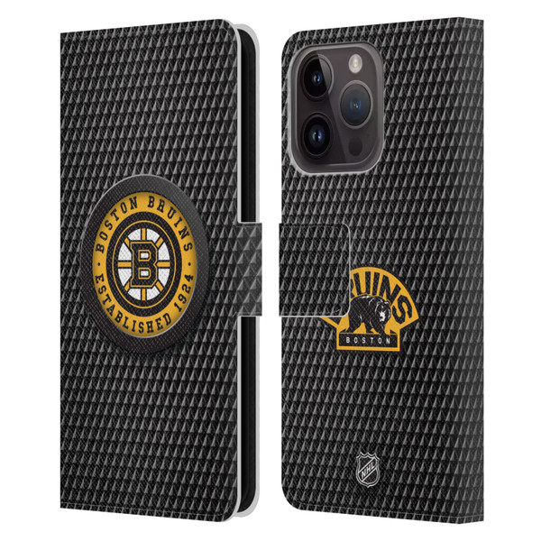 NHL Boston Bruins Puck Texture Leather Book Wallet Case Cover For Apple iPhone 15 Pro