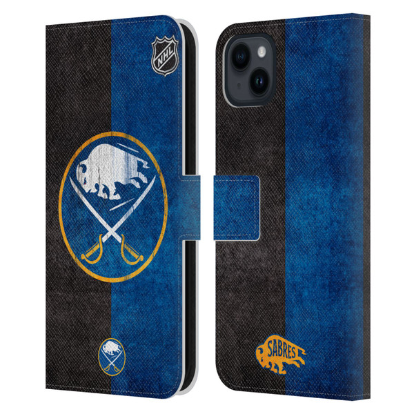 NHL Buffalo Sabres Half Distressed Leather Book Wallet Case Cover For Apple iPhone 15 Plus