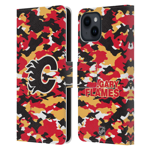 NHL Calgary Flames Camouflage Leather Book Wallet Case Cover For Apple iPhone 15