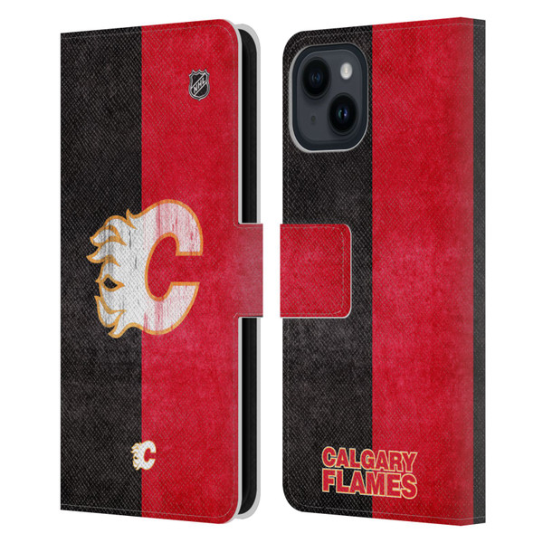 NHL Calgary Flames Half Distressed Leather Book Wallet Case Cover For Apple iPhone 15