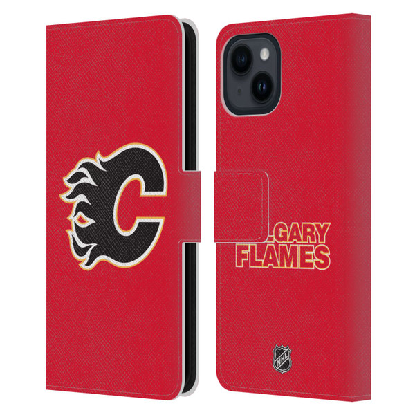NHL Calgary Flames Plain Leather Book Wallet Case Cover For Apple iPhone 15