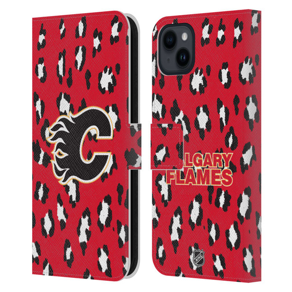 NHL Calgary Flames Leopard Patten Leather Book Wallet Case Cover For Apple iPhone 15 Plus