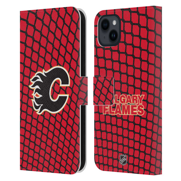 NHL Calgary Flames Net Pattern Leather Book Wallet Case Cover For Apple iPhone 15 Plus