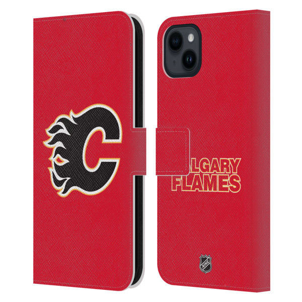 NHL Calgary Flames Plain Leather Book Wallet Case Cover For Apple iPhone 15 Plus