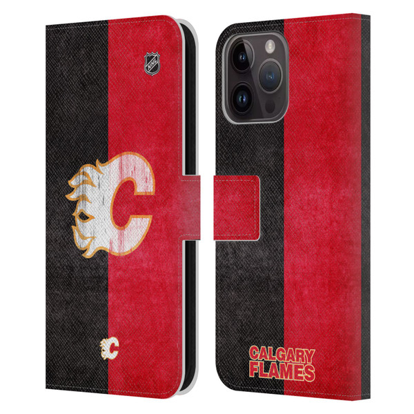 NHL Calgary Flames Half Distressed Leather Book Wallet Case Cover For Apple iPhone 15 Pro Max