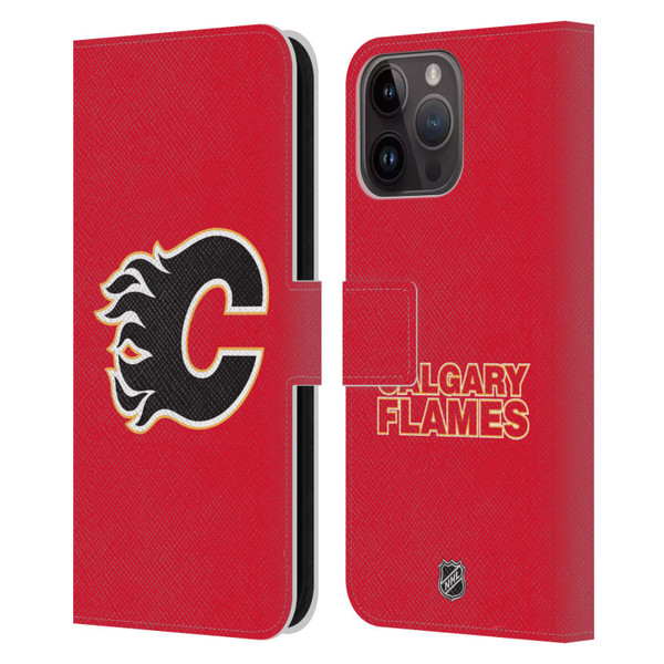 NHL Calgary Flames Plain Leather Book Wallet Case Cover For Apple iPhone 15 Pro Max