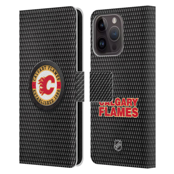 NHL Calgary Flames Puck Texture Leather Book Wallet Case Cover For Apple iPhone 15 Pro