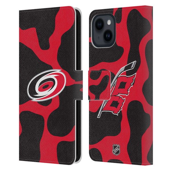 NHL Carolina Hurricanes Cow Pattern Leather Book Wallet Case Cover For Apple iPhone 15