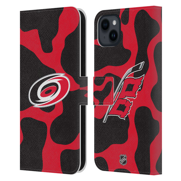 NHL Carolina Hurricanes Cow Pattern Leather Book Wallet Case Cover For Apple iPhone 15 Plus