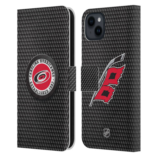 NHL Carolina Hurricanes Puck Texture Leather Book Wallet Case Cover For Apple iPhone 15 Plus