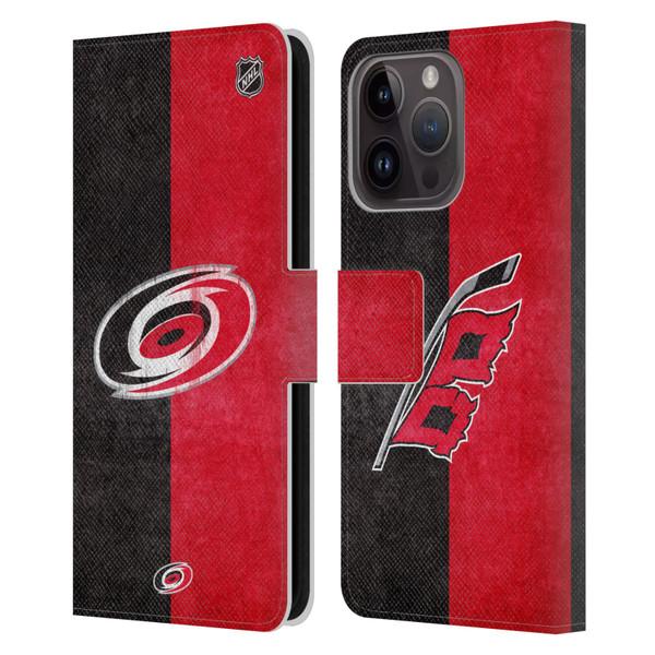 NHL Carolina Hurricanes Half Distressed Leather Book Wallet Case Cover For Apple iPhone 15 Pro