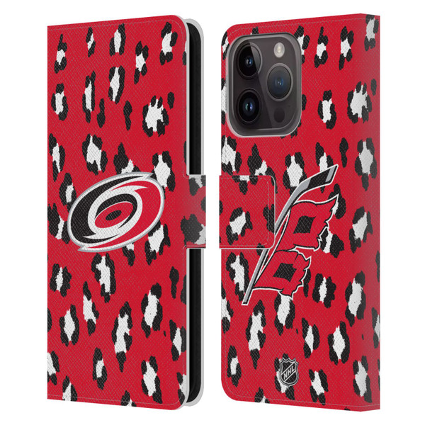 NHL Carolina Hurricanes Leopard Patten Leather Book Wallet Case Cover For Apple iPhone 15 Pro