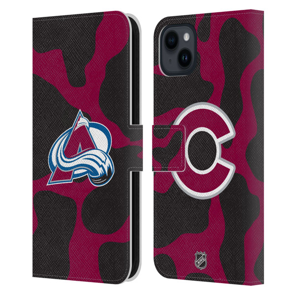NHL Colorado Avalanche Cow Pattern Leather Book Wallet Case Cover For Apple iPhone 15 Plus