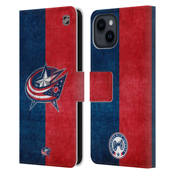 NHL Columbus Blue Jackets Half Distressed Leather Book Wallet Case Cover For Apple iPhone 15