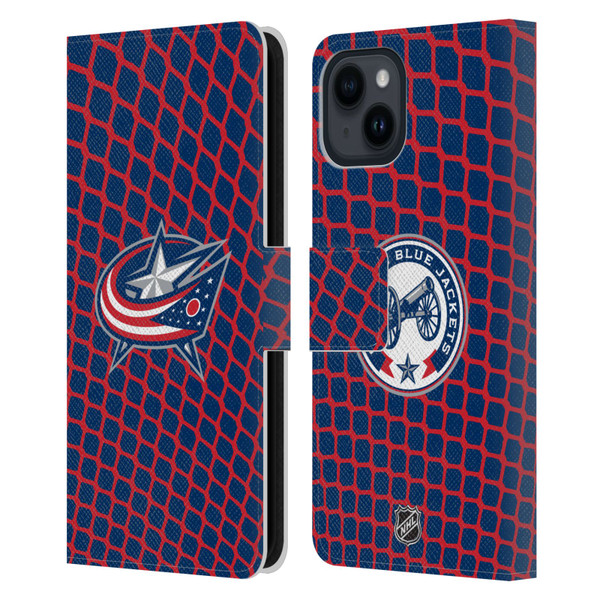 NHL Columbus Blue Jackets Net Pattern Leather Book Wallet Case Cover For Apple iPhone 15