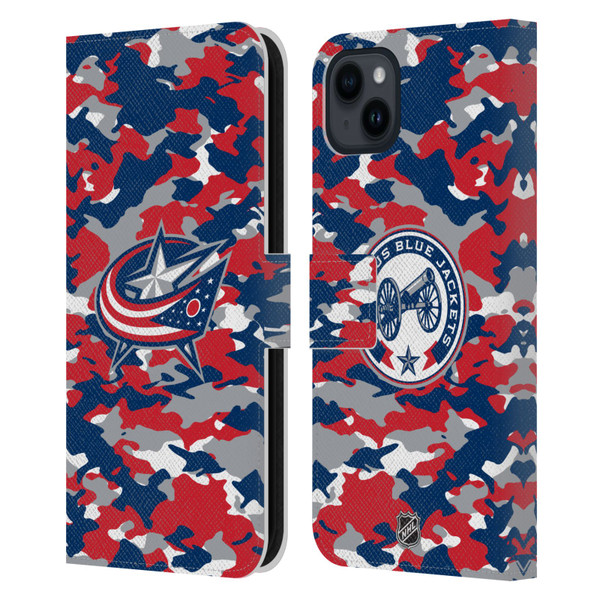 NHL Columbus Blue Jackets Camouflage Leather Book Wallet Case Cover For Apple iPhone 15 Plus