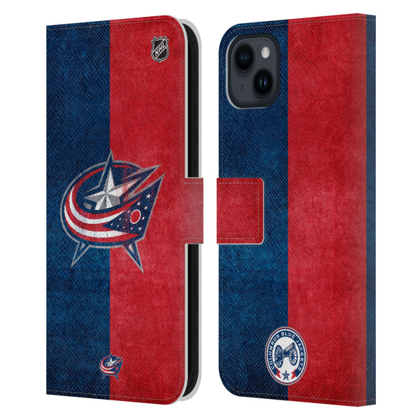 NHL Columbus Blue Jackets Half Distressed Leather Book Wallet Case Cover For Apple iPhone 15 Plus