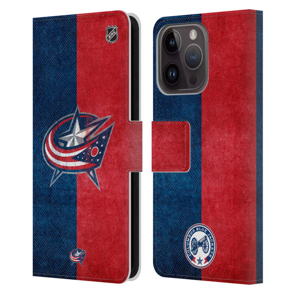 NHL Columbus Blue Jackets Half Distressed Leather Book Wallet Case Cover For Apple iPhone 15 Pro