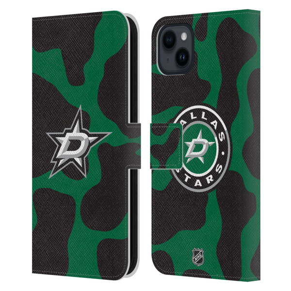 NHL Dallas Stars Cow Pattern Leather Book Wallet Case Cover For Apple iPhone 15 Plus