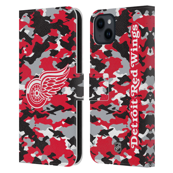 NHL Detroit Red Wings Camouflage Leather Book Wallet Case Cover For Apple iPhone 15 Plus