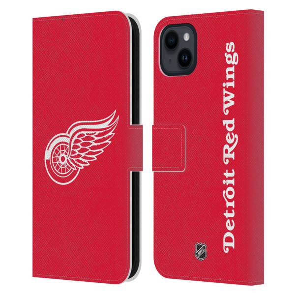 NHL Detroit Red Wings Plain Leather Book Wallet Case Cover For Apple iPhone 15 Plus