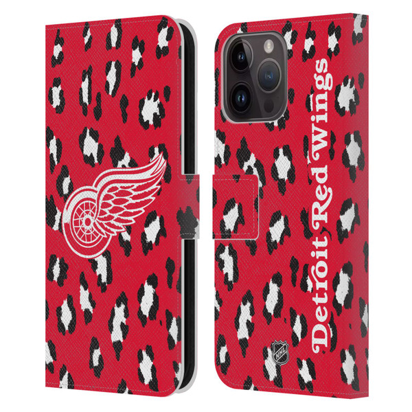 NHL Detroit Red Wings Leopard Patten Leather Book Wallet Case Cover For Apple iPhone 15 Pro Max
