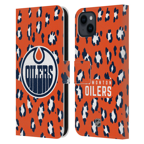 NHL Edmonton Oilers Leopard Patten Leather Book Wallet Case Cover For Apple iPhone 15 Plus