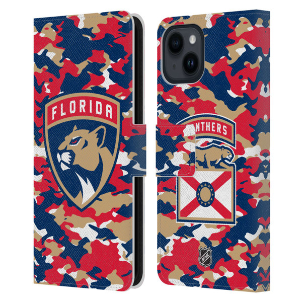 NHL Florida Panthers Camouflage Leather Book Wallet Case Cover For Apple iPhone 15