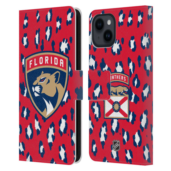 NHL Florida Panthers Leopard Patten Leather Book Wallet Case Cover For Apple iPhone 15