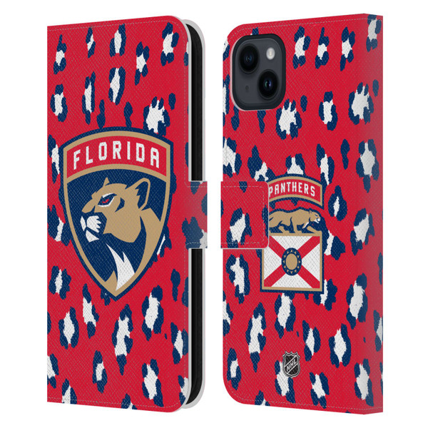 NHL Florida Panthers Leopard Patten Leather Book Wallet Case Cover For Apple iPhone 15 Plus