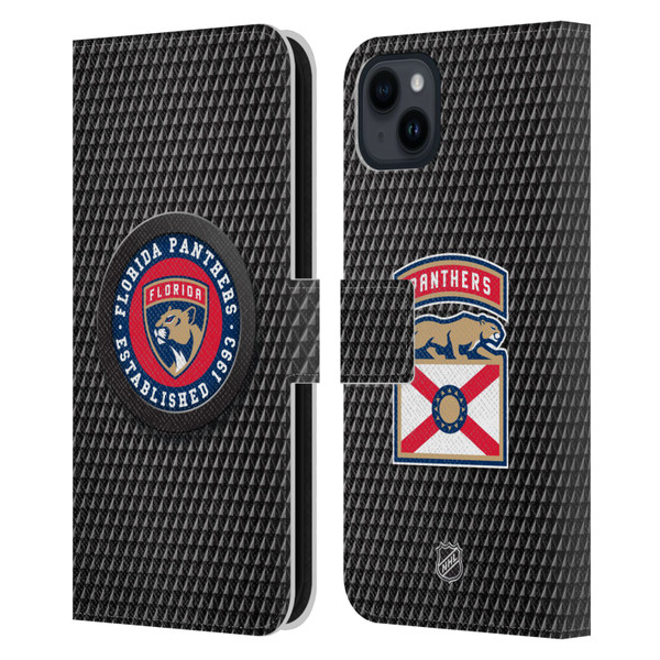 NHL Florida Panthers Puck Texture Leather Book Wallet Case Cover For Apple iPhone 15 Plus