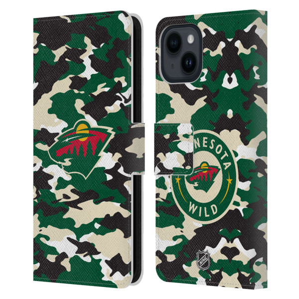 NHL Minnesota Wild Camouflage Leather Book Wallet Case Cover For Apple iPhone 15