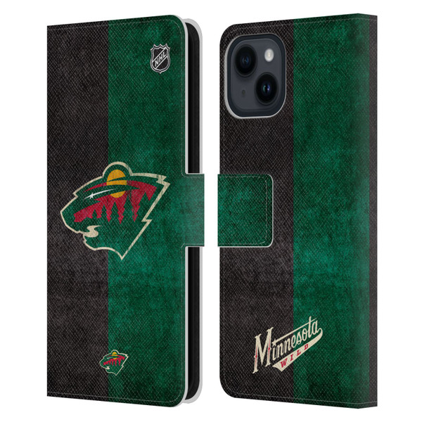 NHL Minnesota Wild Half Distressed Leather Book Wallet Case Cover For Apple iPhone 15