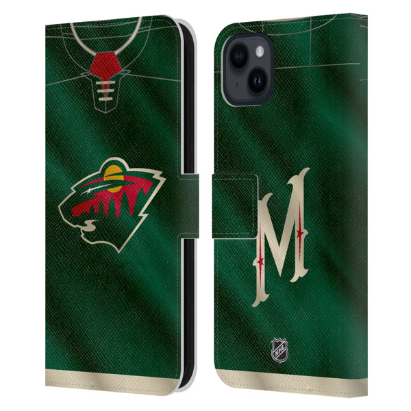 NHL Minnesota Wild Jersey Leather Book Wallet Case Cover For Apple iPhone 15 Plus