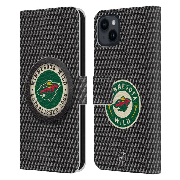 NHL Minnesota Wild Puck Texture Leather Book Wallet Case Cover For Apple iPhone 15 Plus
