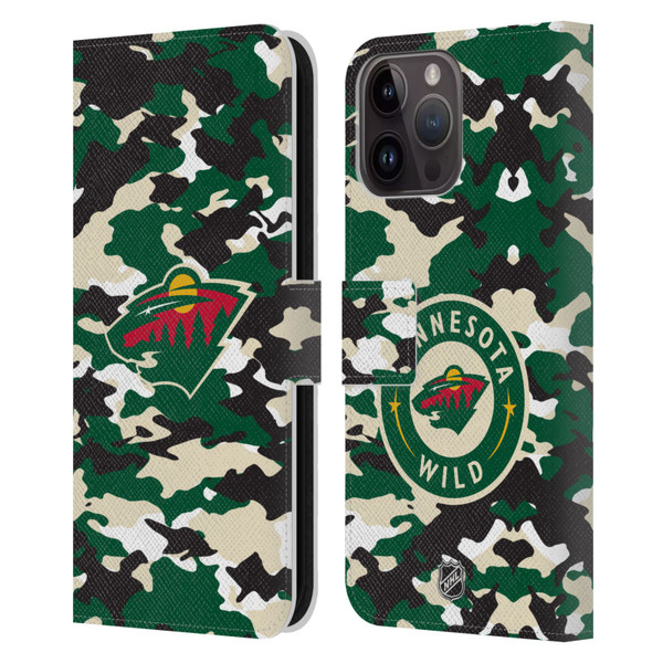 NHL Minnesota Wild Camouflage Leather Book Wallet Case Cover For Apple iPhone 15 Pro Max