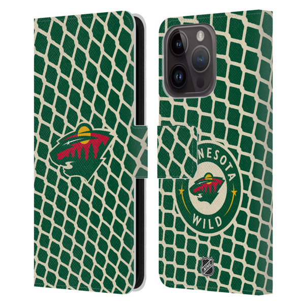 NHL Minnesota Wild Net Pattern Leather Book Wallet Case Cover For Apple iPhone 15 Pro